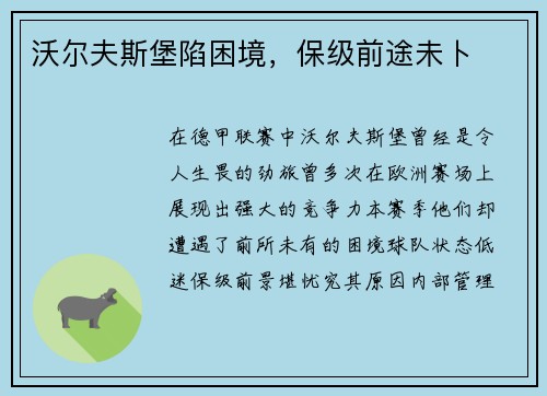 沃尔夫斯堡陷困境，保级前途未卜